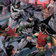A whole lot of Batmen and Robins fighting each other.